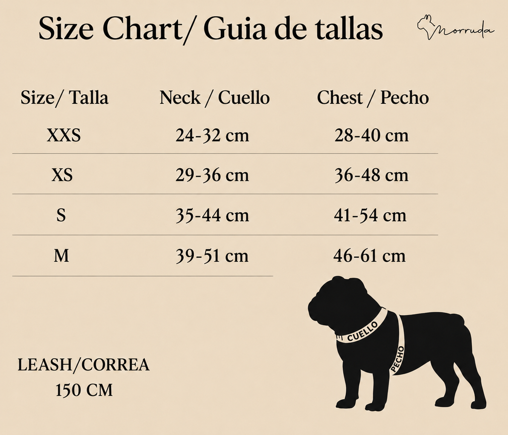 Encuentra la talla perfecta para tu perro con nuestra guía de tallas Morruda. Nuestros collares, arneses y accesorios están diseñados para ofrecer máxima comodidad, ajuste seguro y libertad de movimiento. Consulta las medidas y elige la talla ideal para que tu perro disfrute de cada paseo con estilo y confort.