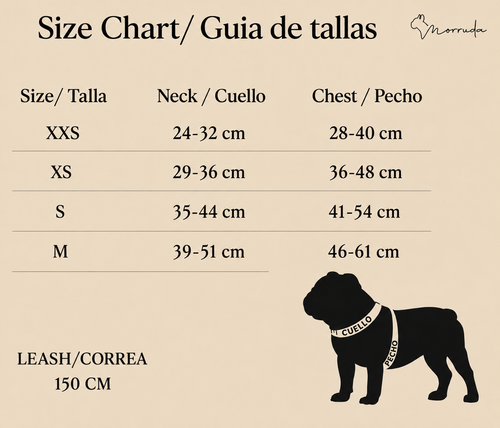 Encuentra la talla perfecta para tu perro con nuestra guía de tallas Morruda. Nuestros collares, arneses y accesorios están diseñados para ofrecer máxima comodidad, ajuste seguro y libertad de movimiento. Consulta las medidas y elige la talla ideal para que tu perro disfrute de cada paseo con estilo y confort.